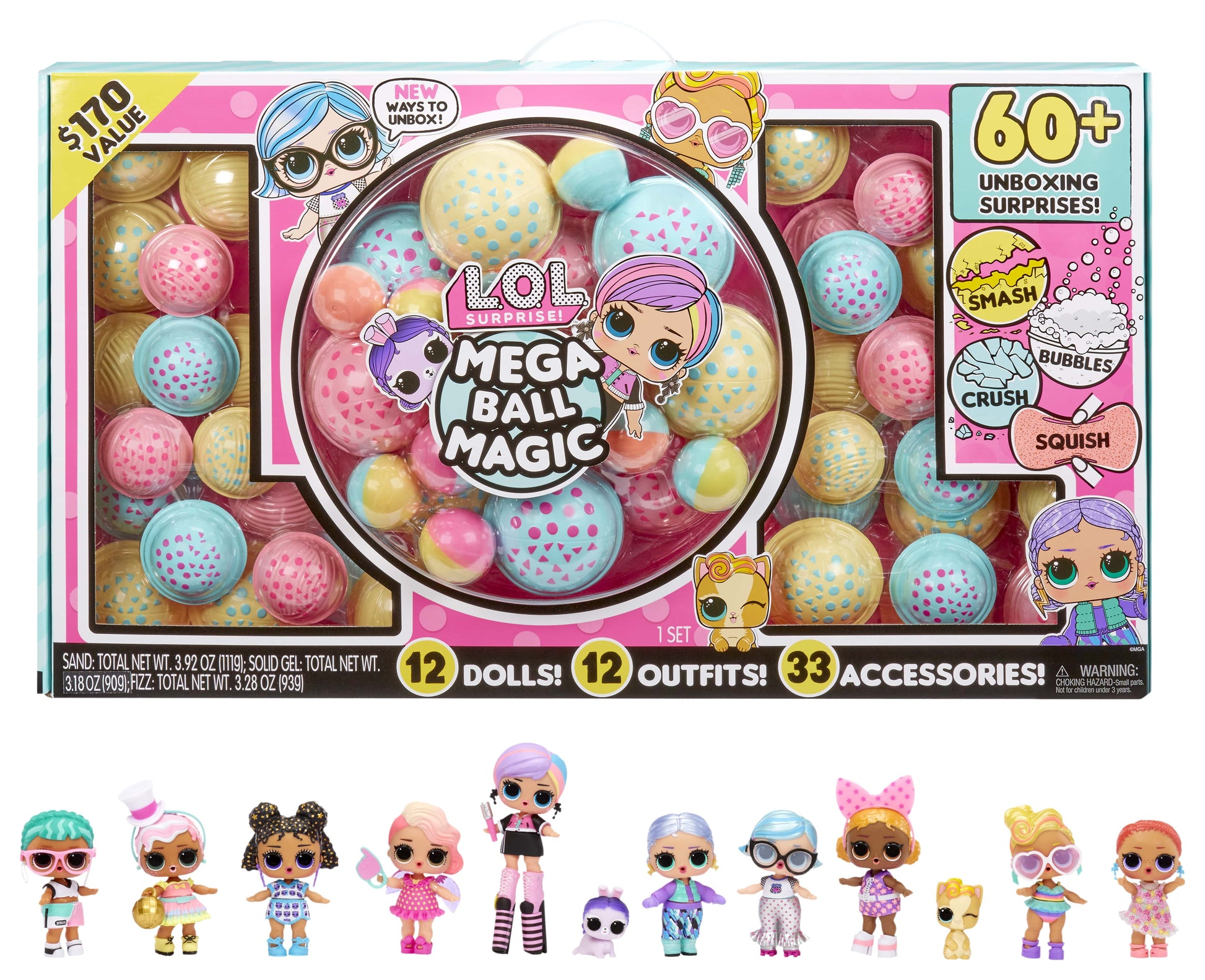 LOL Surprise Mega Ball Magic w/ 12 Collectible Dolls, 60+ Surprises, 4 Unboxing Experiences, Squish Sand, Bubbles, Gel Crush, Shell Smash, Limited Edition Doll