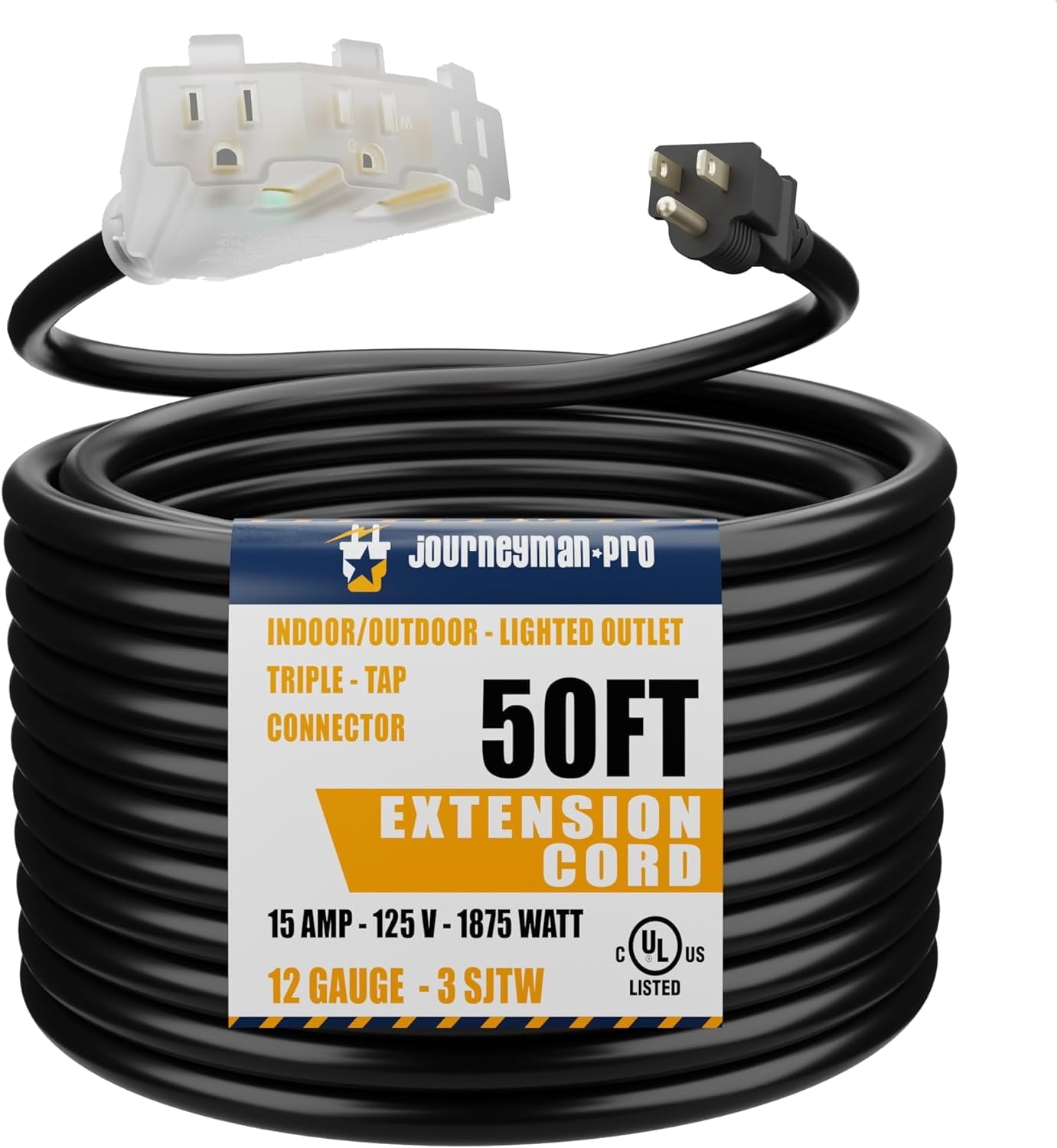 Lighted Outdoor Extension Cord 3 Electrical Power Outlets Fan Style by Journeyman-Pro 12/3 SJTW Heavy Duty Black Cable 3 Prong Grounded Plug 15 AMP |  (Black - 50 FT)