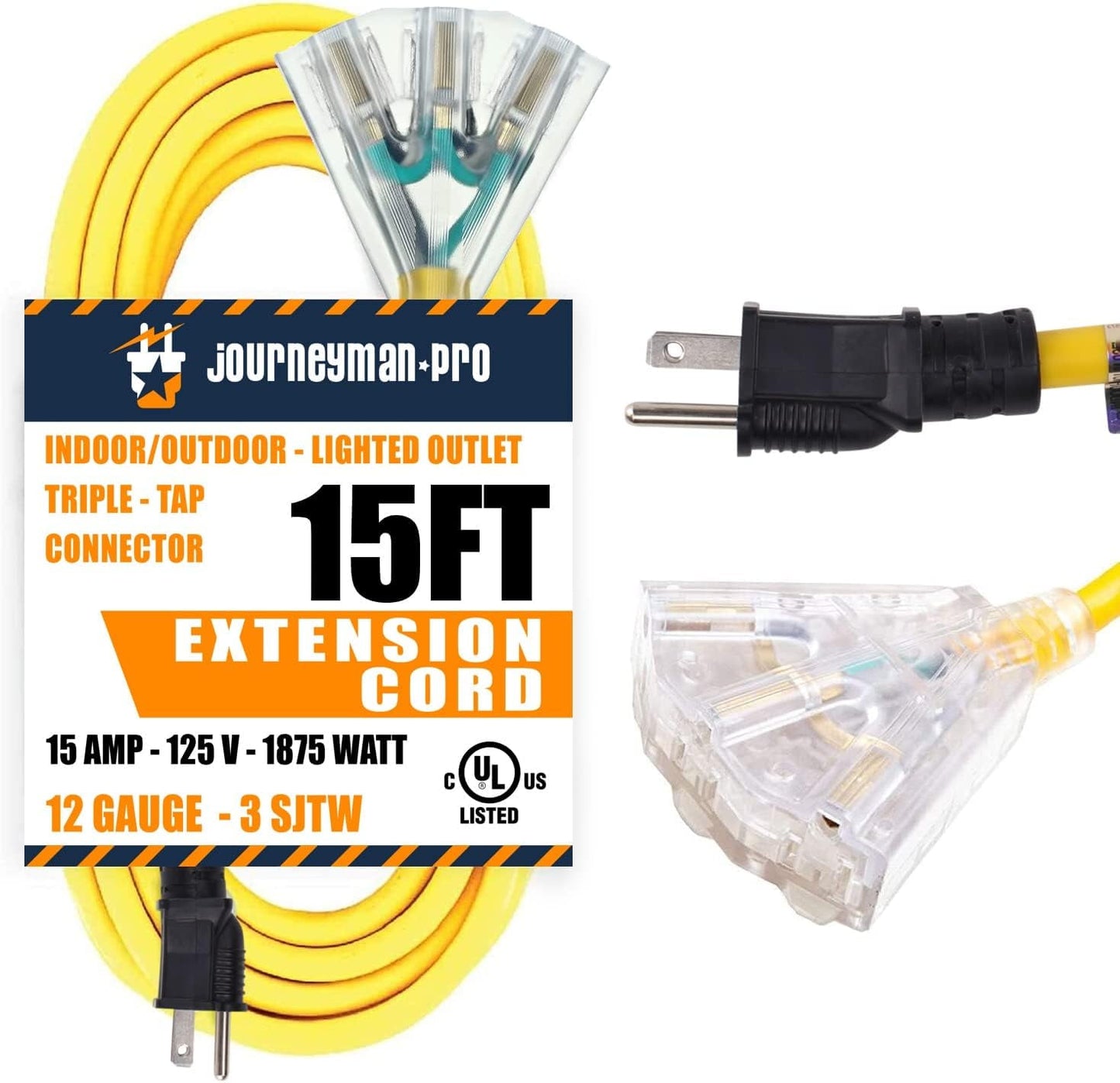 Lighted Outdoor Extension Cord 3 Electrical Power Outlets Fan Style by Journeyman-Pro 12/3 SJTW Heavy Duty Yellow Extension Cable 3 Prong Grounded Plug 15 AMP | 2, 10, 25, 50 Foot (Yellow - 15 FT)