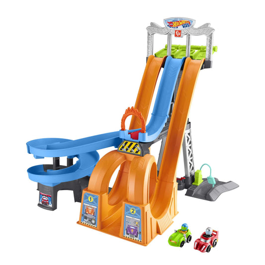 Little People Hot Wheels Track Playset Racing Loops Tower with 2 Toy Cars For Toddlers Ages 18 months and up