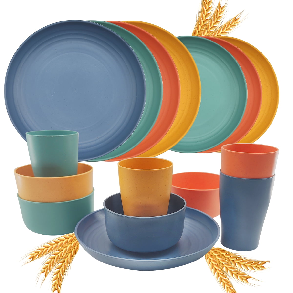 Logianis Wheat Straw Dinnerware Logianis Unbreakable Reusable Microwave Plates and Bowls Sets 16 Piece Colorful