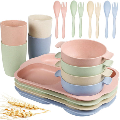 Loobuu Wheat Straw Dinnerware Sets (20PCS) - Lightweight & Unbreakable Dinnerware Set - Microwave Safe Plates Set, Bowls, Cups, Forks and Spoons, Service for 4, Great for Kids & Adult