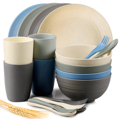 Loobuu Wheat Straw Dinnerware Sets (20PCS) - Lightweight & Unbreakable Dinnerware Set - Microwave Safe Plates Set, Bowls, Cups, Forks and Spoons, Service for 4, Great for Kids & Adult