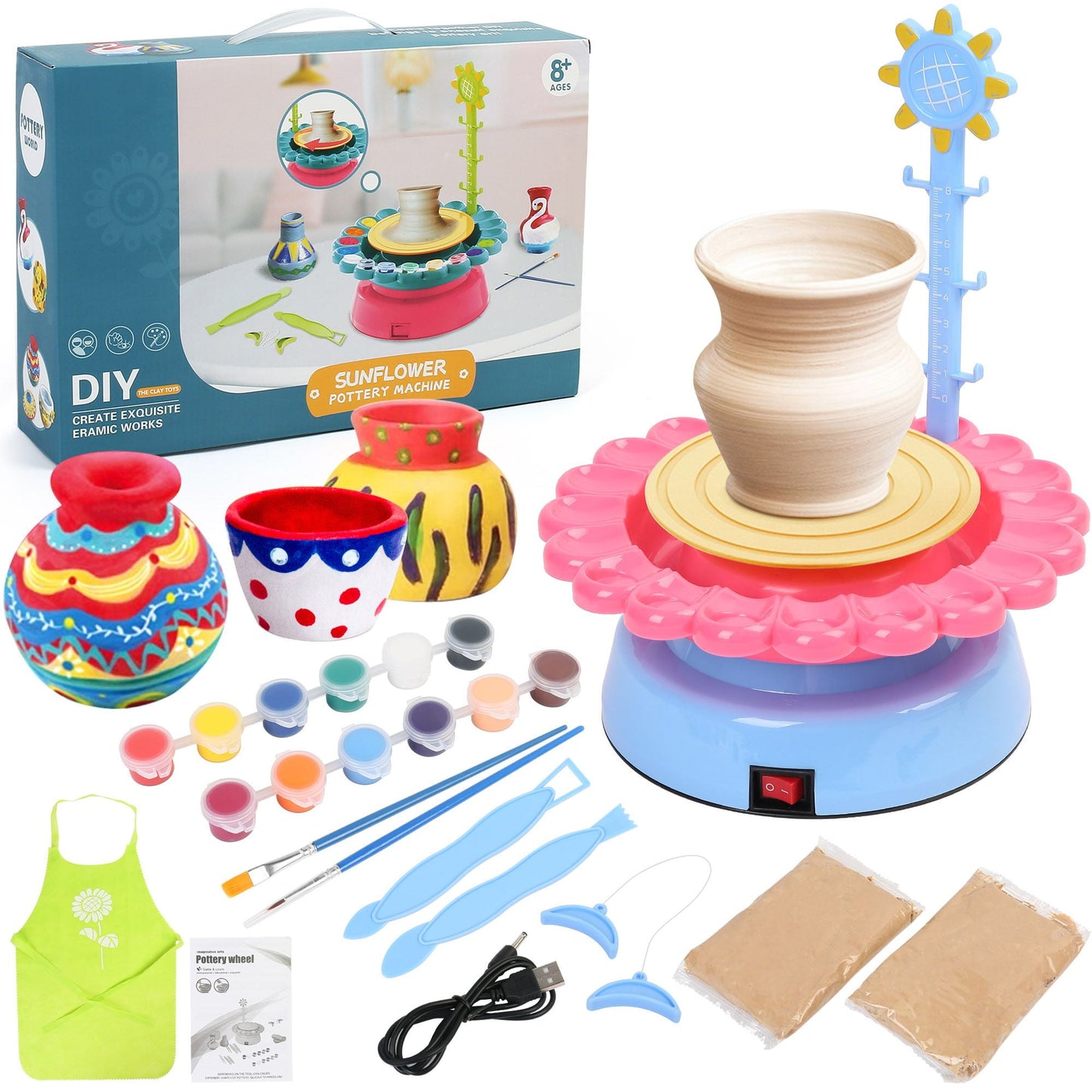 LotFancy Pottery Wheel Kit with Gift Box for Kids 8+, Air Dry Sculpting Clay and Craft Paint Toy Kit