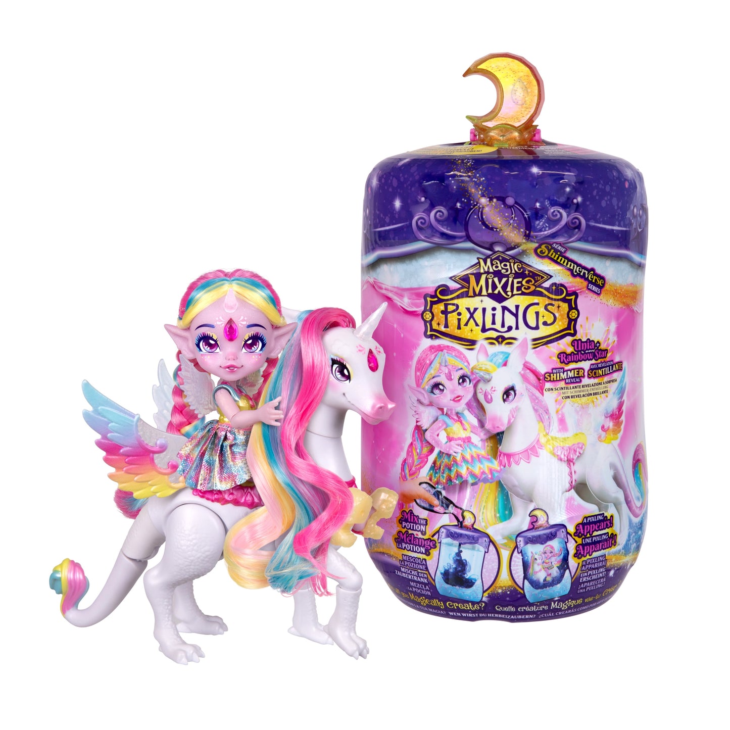 Magic Mixies Pixlings Shimmerverse 6.5" Unia the Unicorn Pixling and Rainbow Star the Pegacorn, Ages 5+