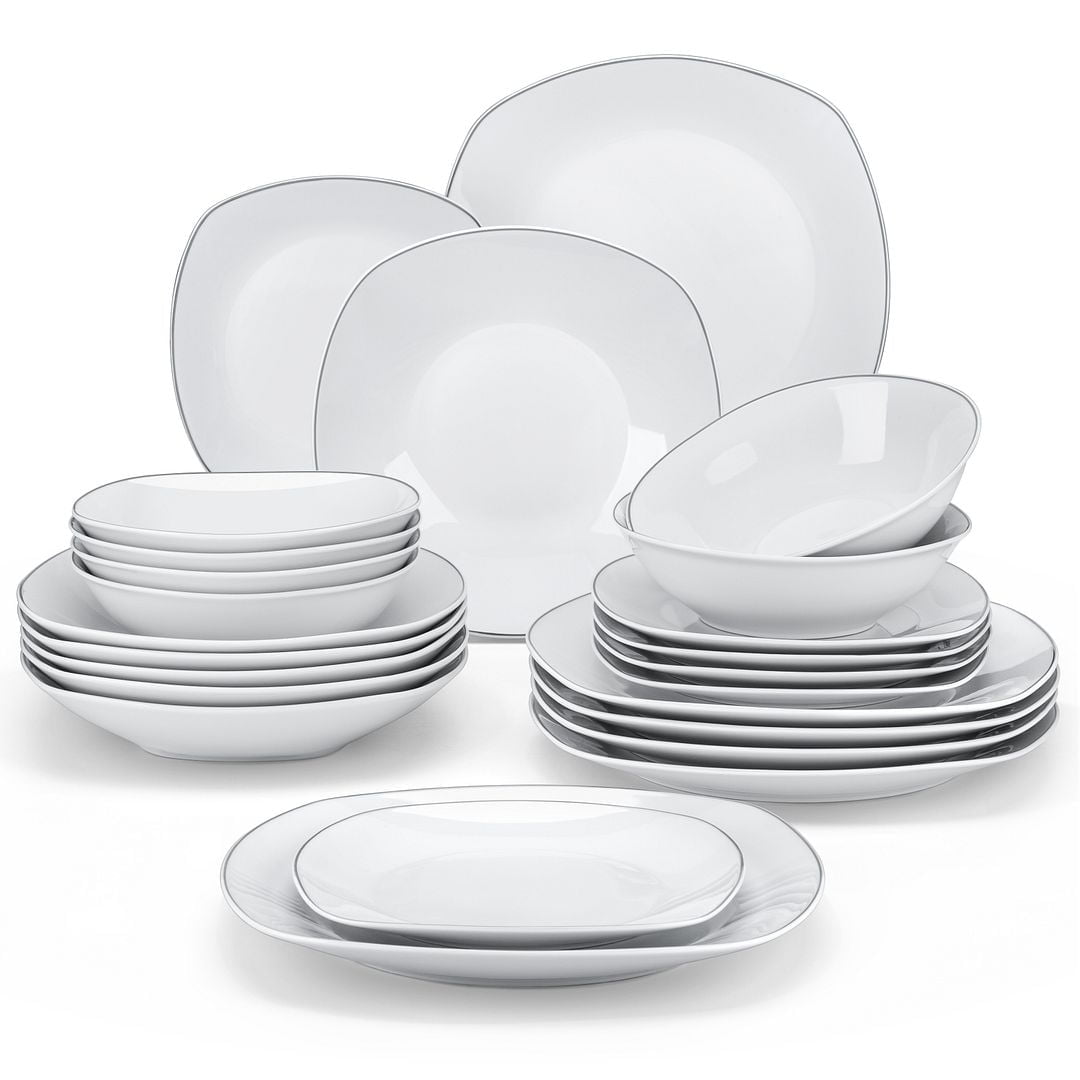 MALACASA Porcelain Dinnerware Sets, 24 Piece Round White Dishes With Silver Line, Dish set Service for 6, Series ELISA