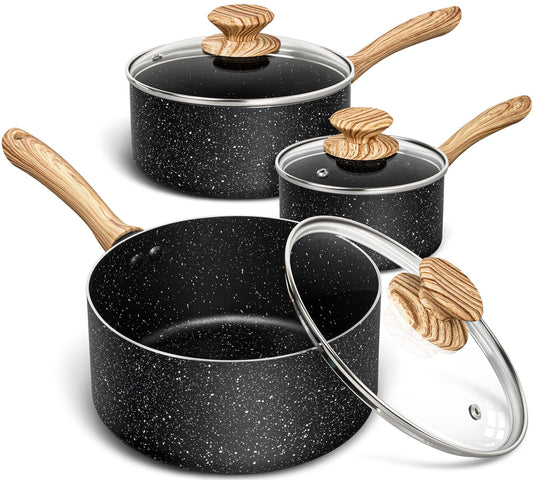 MICHELANGELO Saucepan Set, Nonstick Sauce Pans with Granite Coatings, Stone Sauce Pan with Lids, Nonstick Pot Sets, Sauce Pots 3 Piece, 1Qt & 2Qt & 3Qt