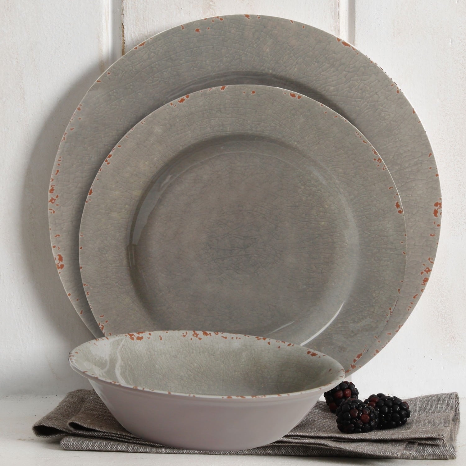 Mauna 12 Pieces Dinnerware Set, Gray, Crackle Look Decal, Melamine