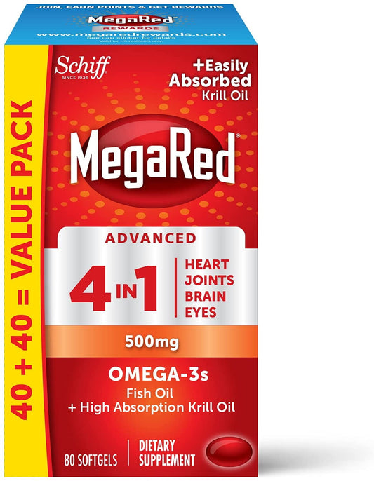 MegaRed Advanced 4in1 500mg, 80 Softgels - Concentrated Omega-3 Fish & Krill Oil Supplement