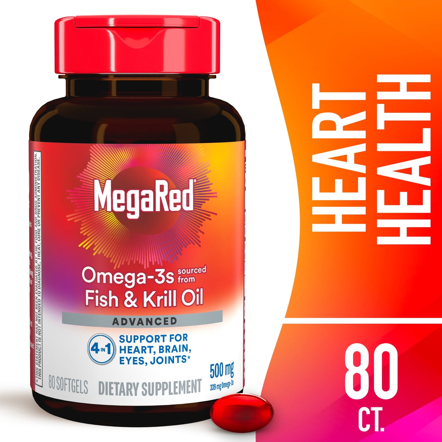 MegaRed Advanced 4in1 500mg Omega-3 Fish Krill Oil Supplements, Heart Brain Eyes Joints Health, 80 Softgels