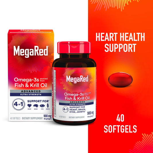 MegaRed Advanced 4in1 900mg Omega-3 Fish Krill Oil Supplements, Heart Brain Eyes Joints Health, 40 Softgels