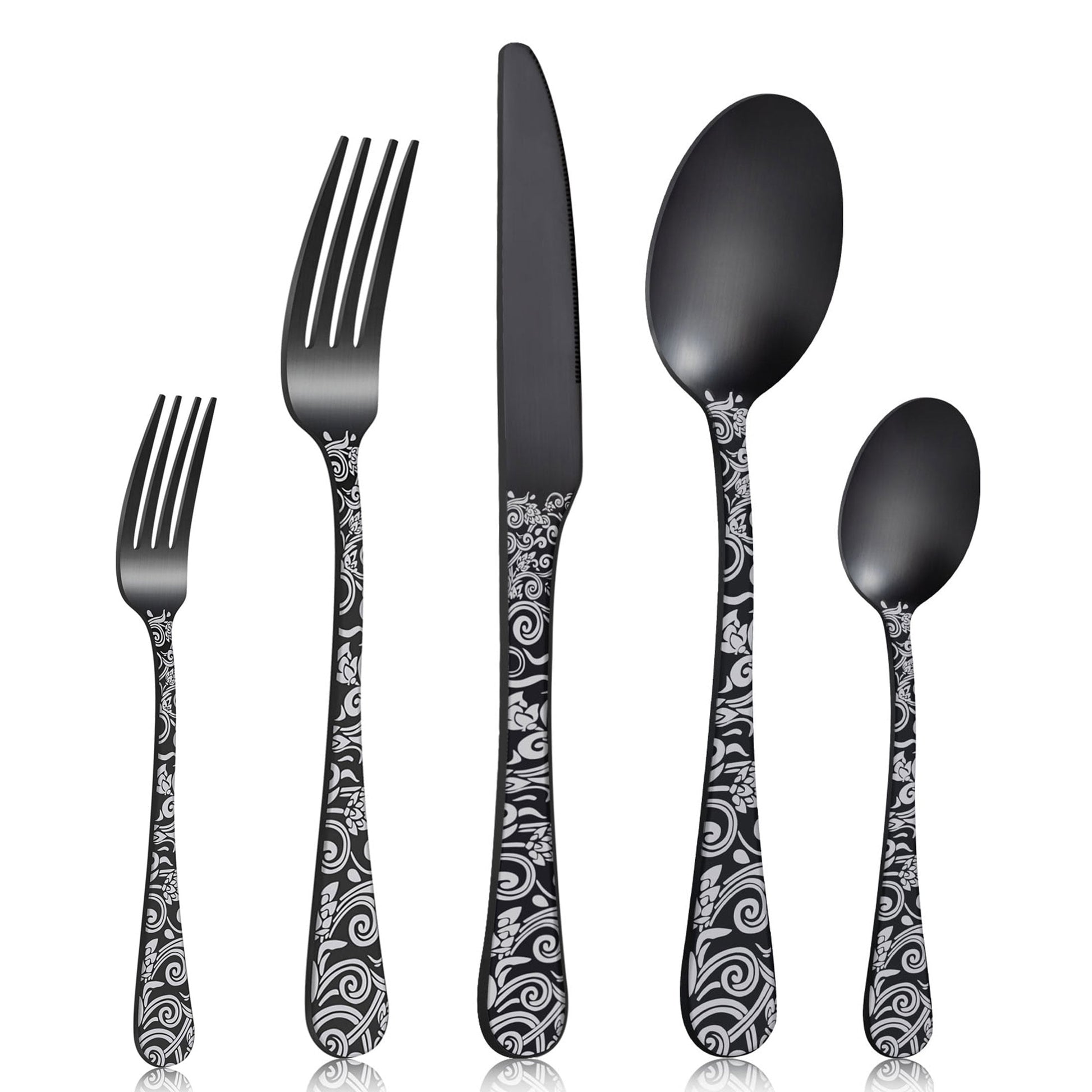 Mirdinner 20 Pcs Silverware Set, Stainless Steel Flatware Cutlery Set Service for 4, Matt Black Flower Pattern Forks and Spoons Set with Knives, Dishwasher Safe, Perfect for Home Kitchen Restaurant