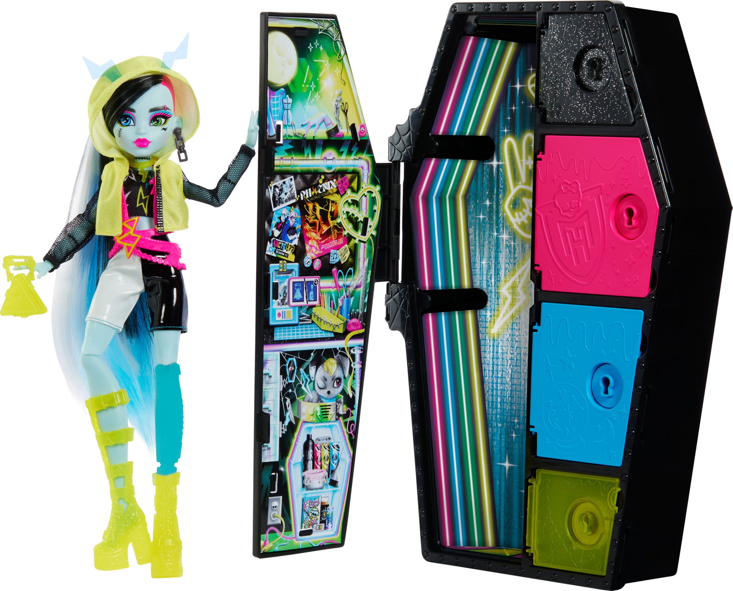 Monster High Doll Skulltimate Secrets: Neon Frights Frankie Stein with Vampire Dress-Up Locker