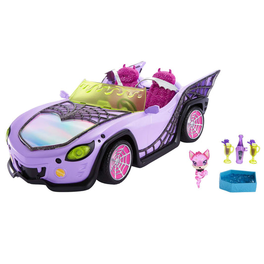 Monster High Ghoul Mobile Toy Car, Purple & Spiderweb Convertible with Pet, Seats 4 Dolls (Dolls Not Inluded)