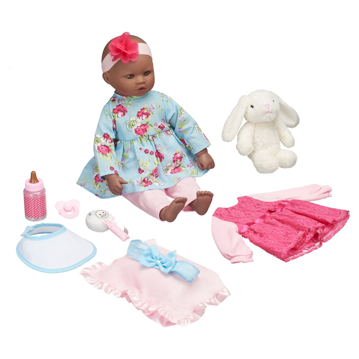 My Sweet Love 18" Doll and Accessories Set with Plush Bunny and extra outfit, African American