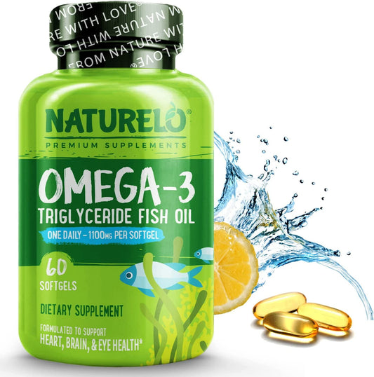 NATURELO Omega-3 Fish Oil Supplement - EPA + DHA - 1100 mg Triglyceride Omega-3 per Gel - One A Day - for Heart, Eye, Brain, Joint Health - No Burps - Lemon Flavor - 60 Softgels | 2 Month Supply