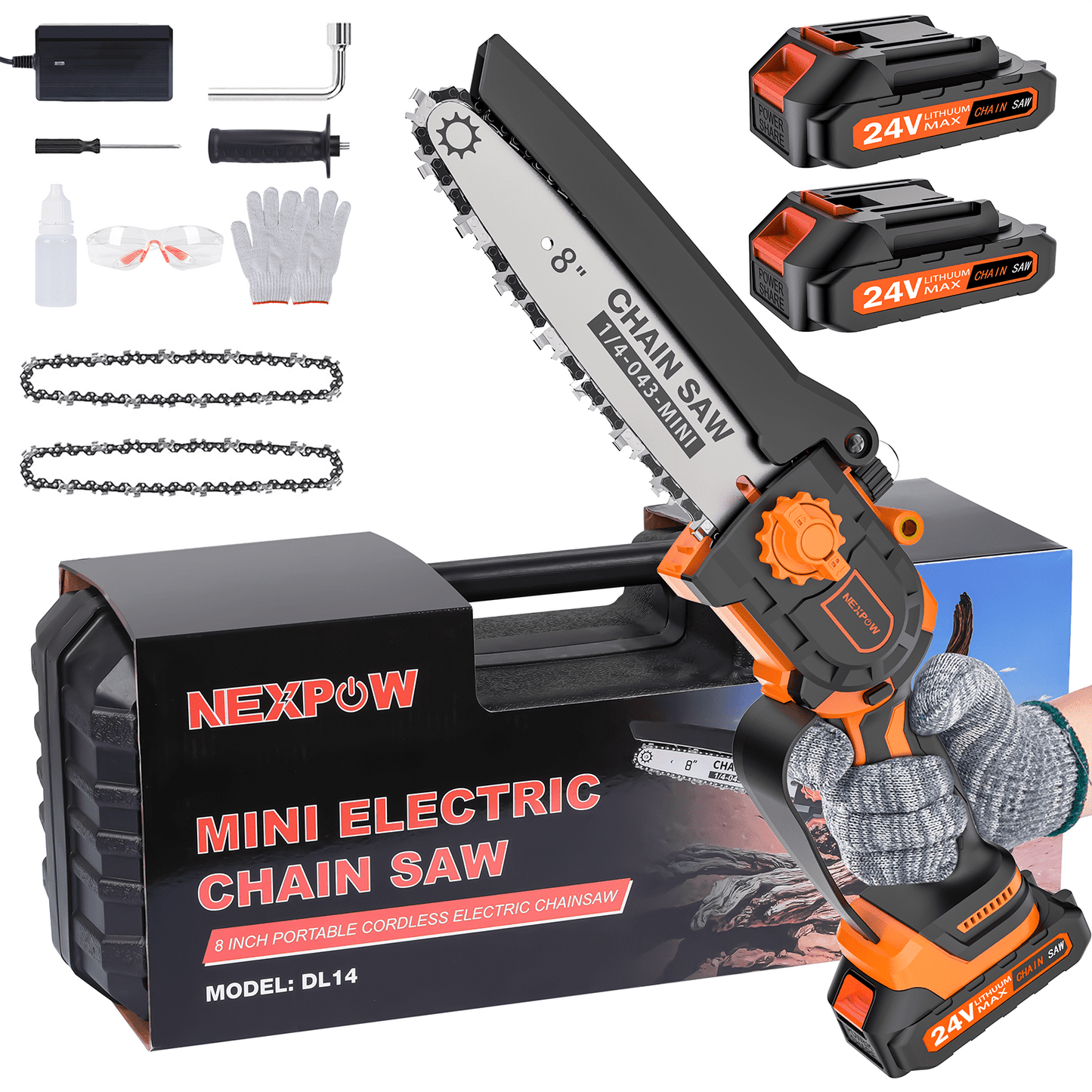 NEXPOW 8" Mini Chainsaw - 24V Battery Powered Chainsaw, 2 Batteries & Chains, Cordless Handheld Chain Saw Wood Cutter, Orange