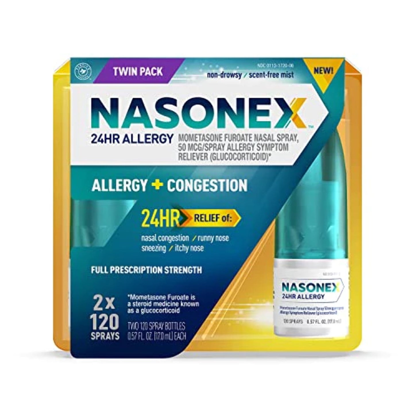 Nasonex 24HR Allergy Nasal Spray, 24 Hour Non Drowsy Allergy Medicine Twin Pack 2 x 120 spray *EN