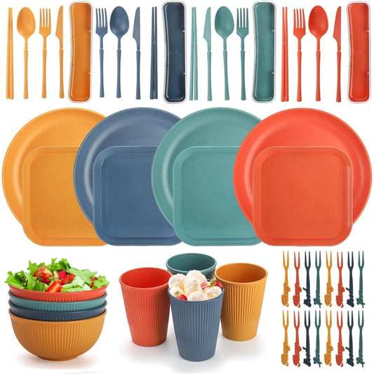 Natural 48 PCS Wheat Straw Kids Dinnerware Sets UnbreakableTableware Lightweight Bowls Cups Forks Plates Spoons Reusable Dinner Plates