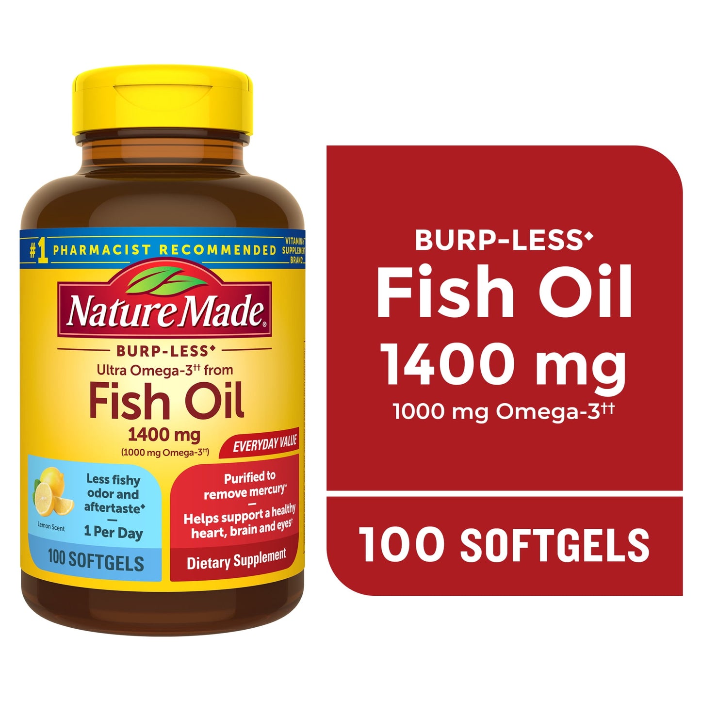 Nature Made Burp Less Ultra Omega 3 Fish Oil 1400 mg Softgels, Fish Oil Supplements, 100 Count