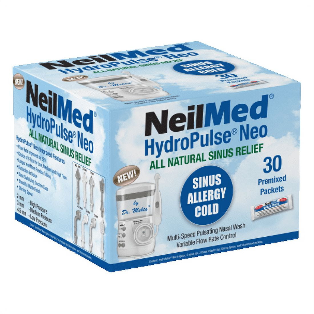 NeilMed HydroPulse Neo Multi-Speed Electric Pulsating Nasal Sinus Irrigation System with 30 Sinus Rinse Premixed Packets