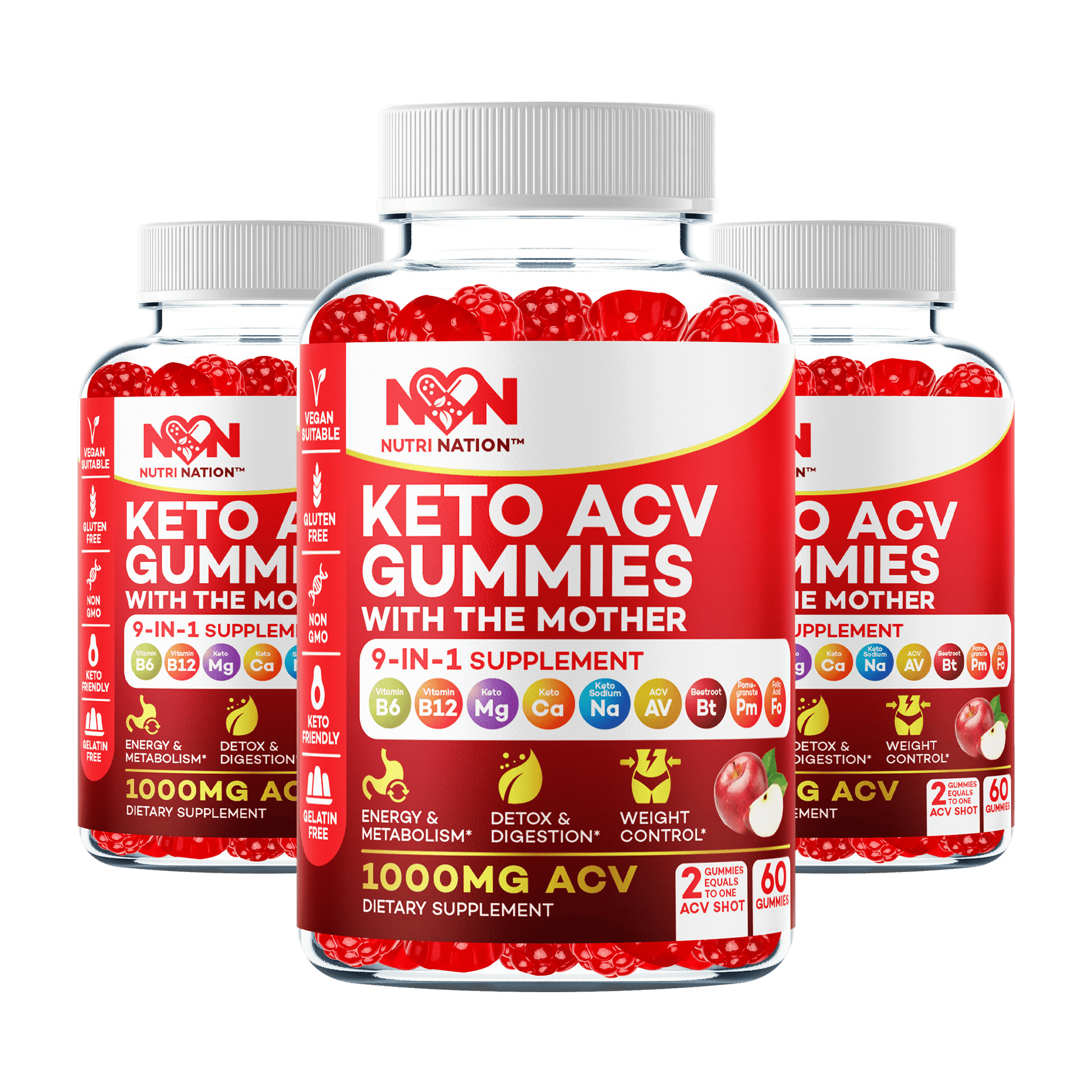 Nutri Nation Keto Acv Gummies 1000mg with BHB Salts (3 Bottle Special) 180 Gummies