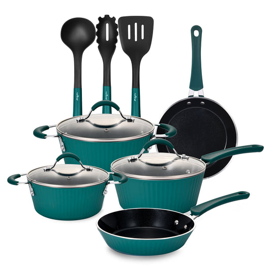 Open Box NutriChef 11 Pc Nonstick Elegant Lines Pattern Kitchen Cookware Set