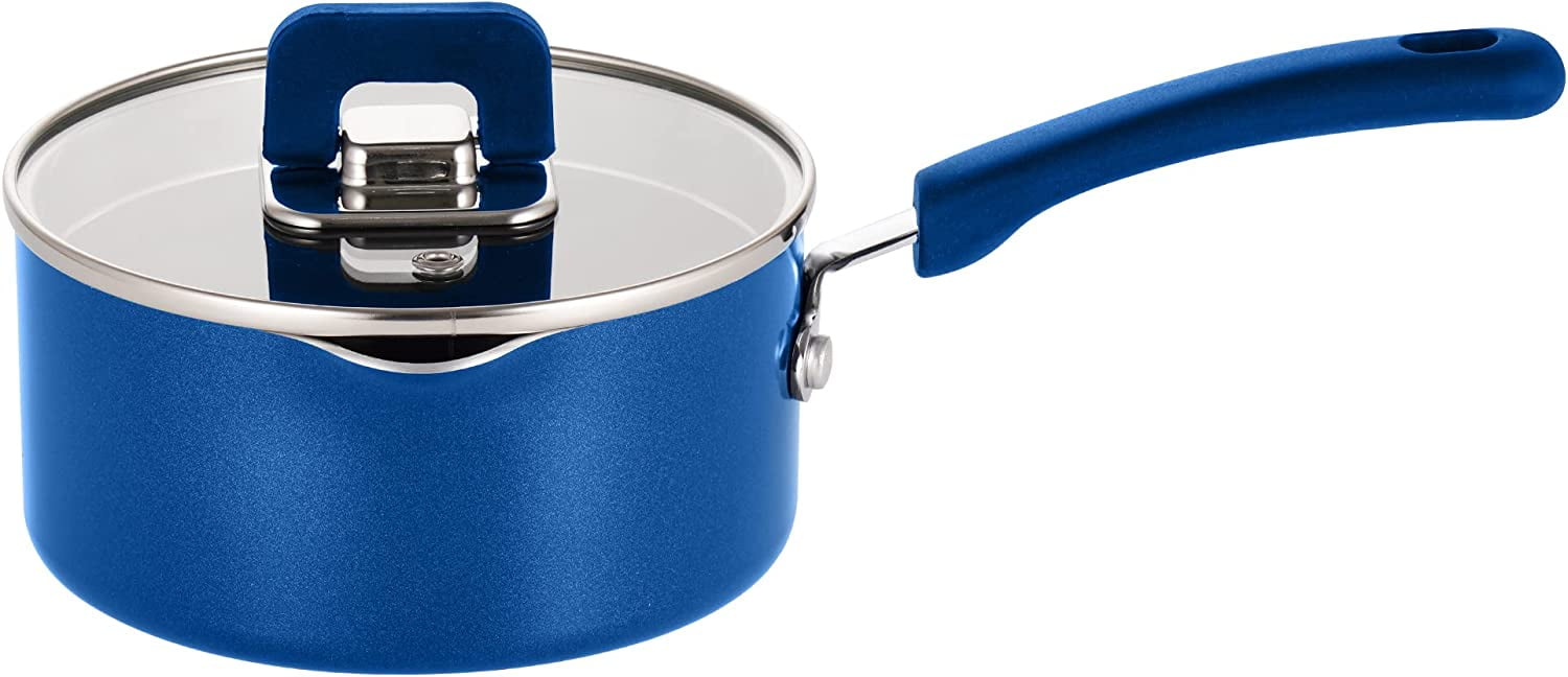 NutriChef Saucepan Pot W/ Lid-Non-Stick Stylish Kitchen Cookware W/ Foldable Knob, 1.5 Quart (Blue)