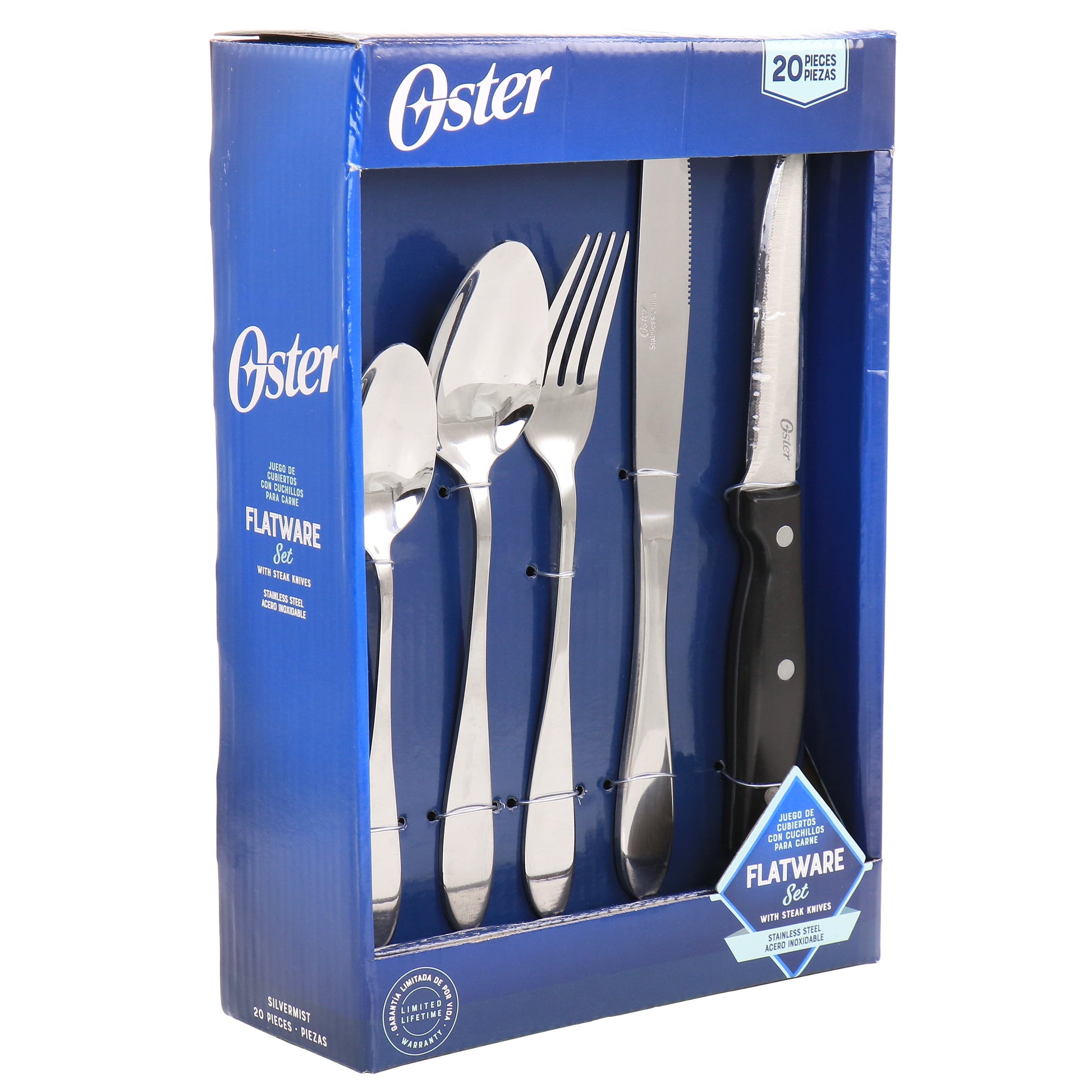 Oster Silvermist 20 Piece Stainless Steel Flatware Set with Steak Knives