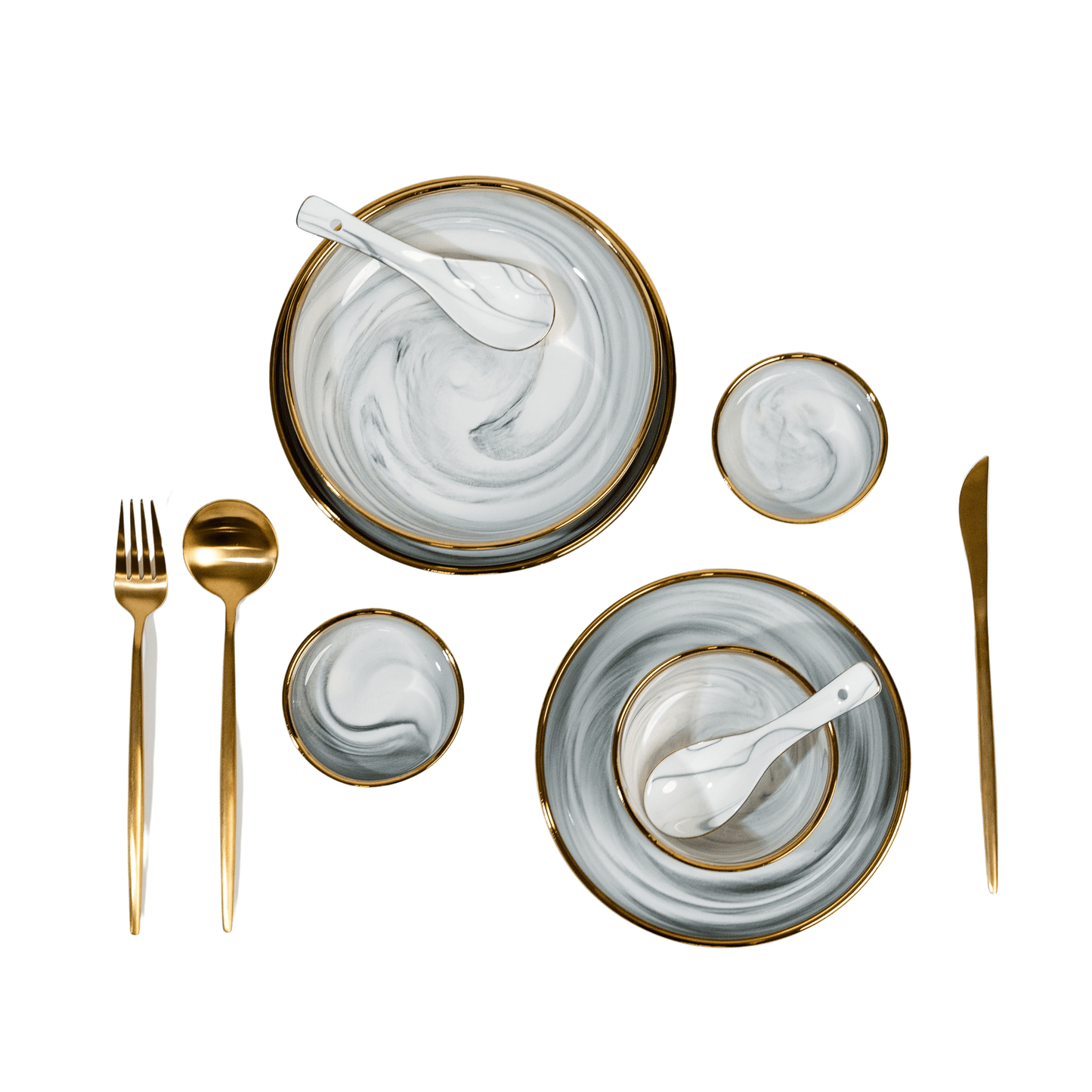 Ozarke Modern Nordic Golden Border Marble Tableware, Fine Bone China (Set of 9)