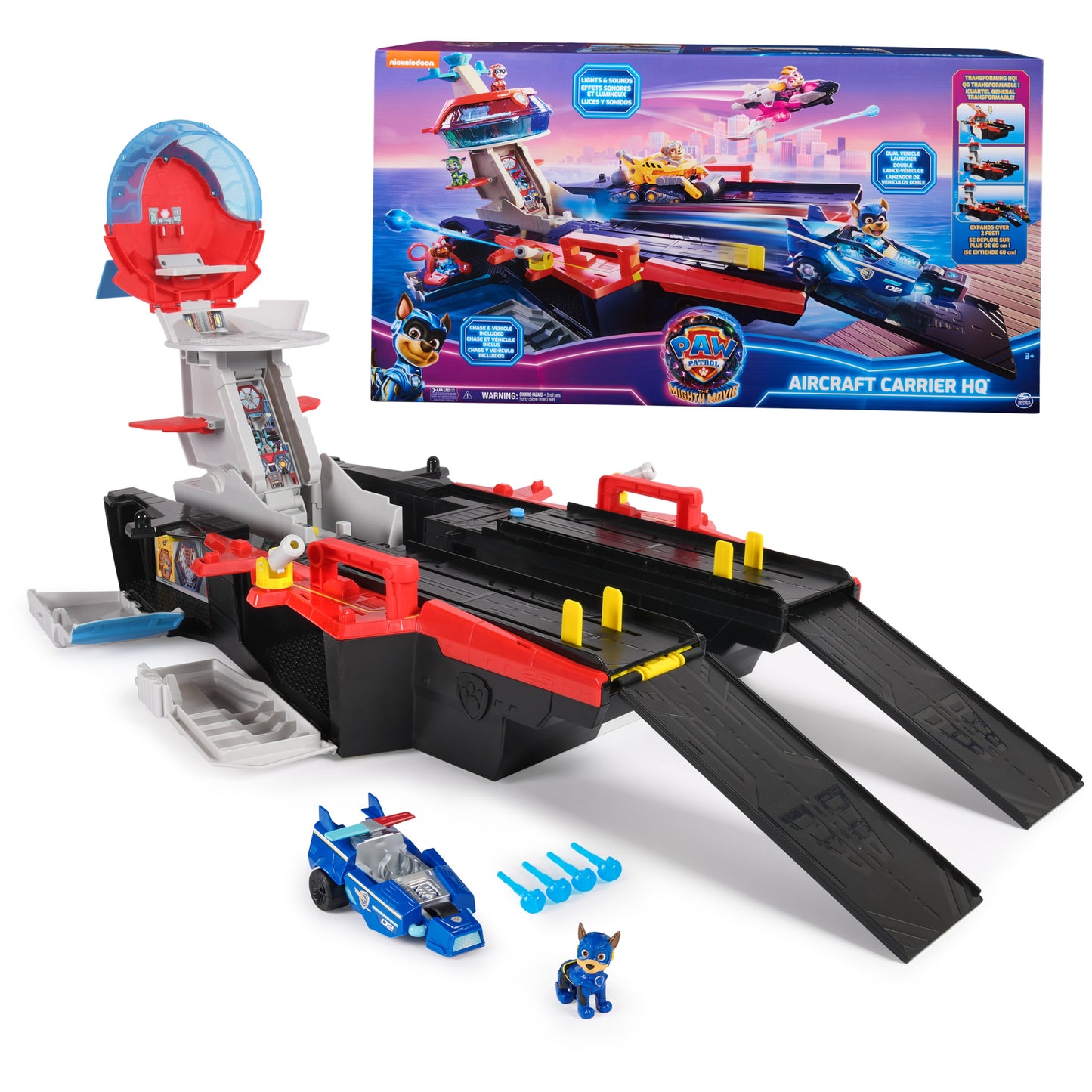 PAW Patrol: The Mighty Movie, Aircraft Carrier HQ, Chase Figure & Police Car, Ages 3+