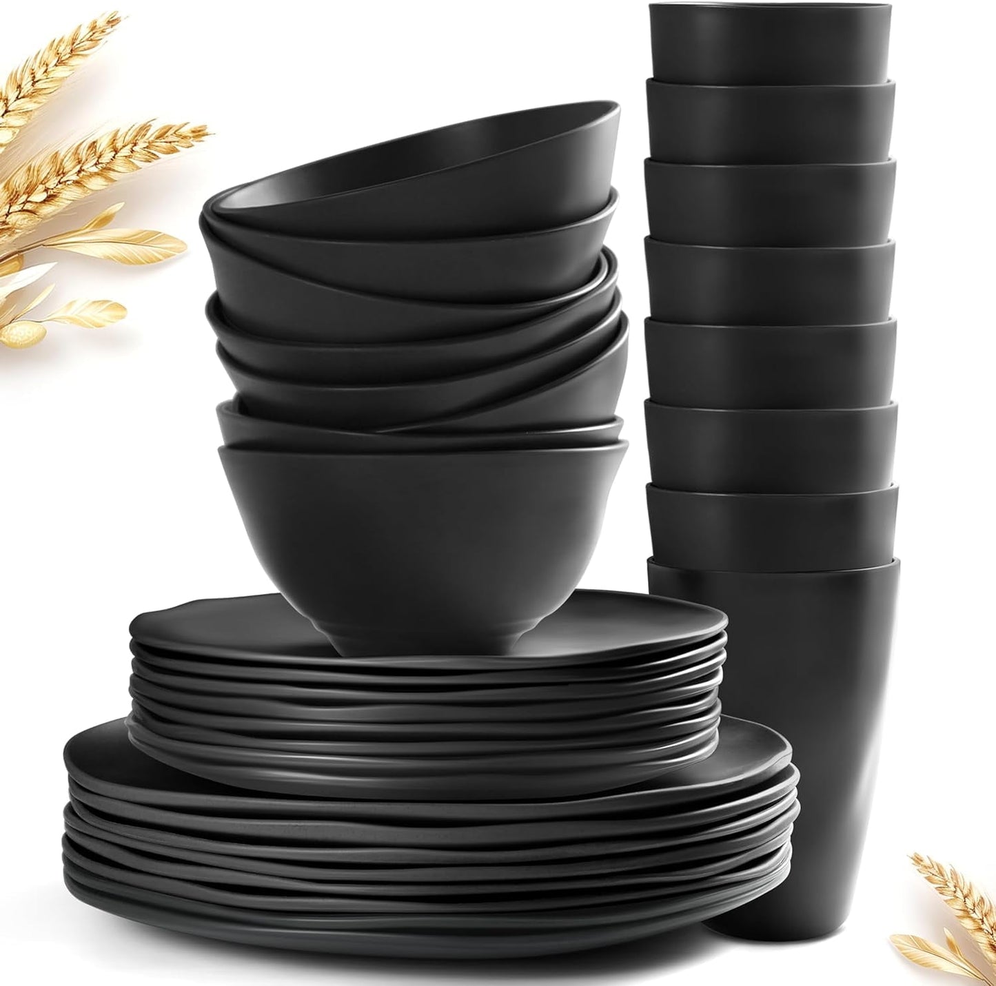 Peurif 32-Piece Thick Irregular Plastic Wheat Straw Dinnerware Set, Durable Kitchen Plates and Bowls Set for 8, Dinner Plates, Dessert Plates, Bowls & Cups, Unbreakable Outdoor Camping Dishes, Black