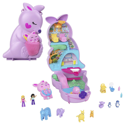 Polly Pocket 2-in-1 Mama and Joey Kangaroo Purse, Travel Toy with 2 Micro Dolls & Accessories