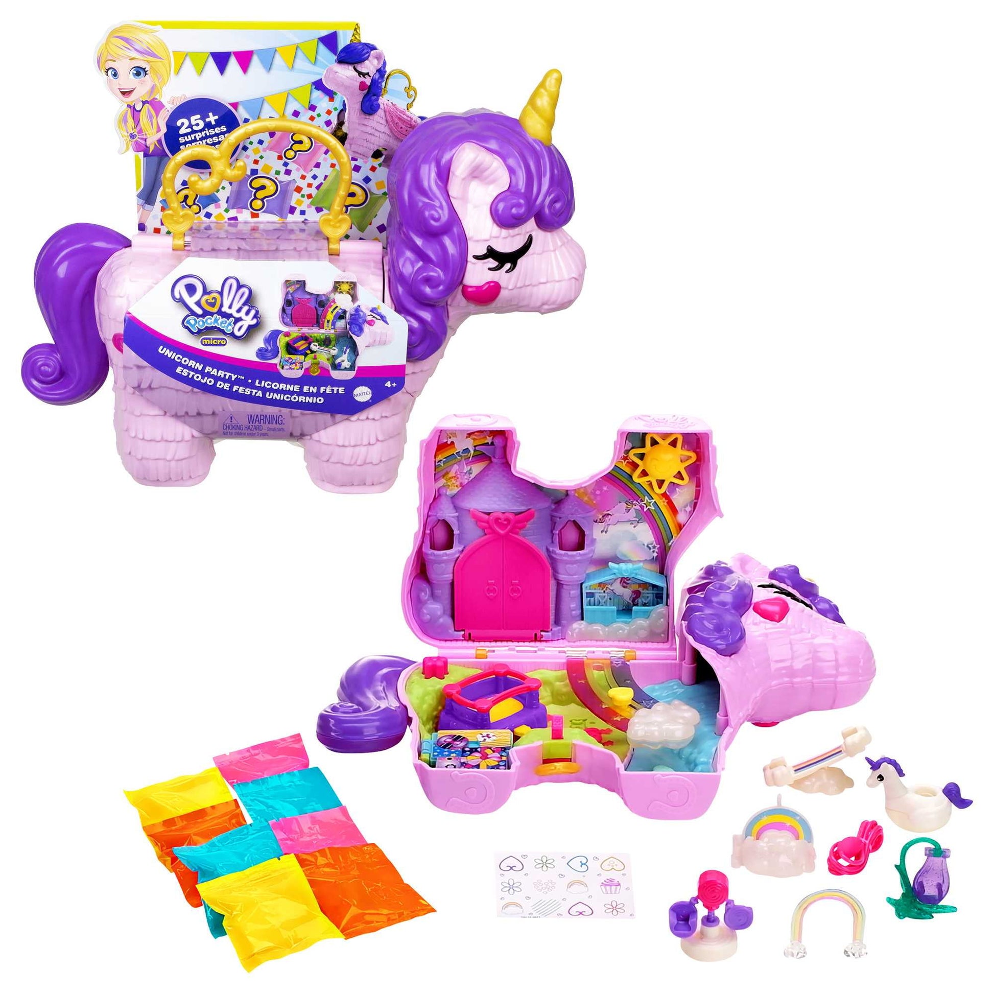 Polly Pocket 2-in-1 Unicorn Party Travel Toy, Large Compact with 2 Dolls & 25 Surprise Accessories