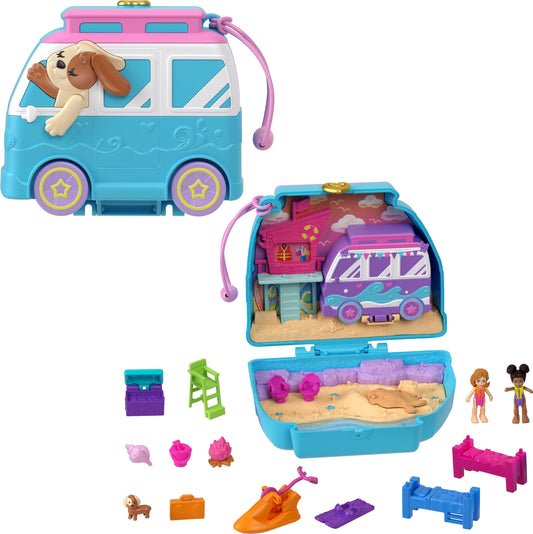 Polly Pocket Dolls and Seaside Puppy Pet Ride Compact Playset with Fidget Exterior, 2 Micro Dolls