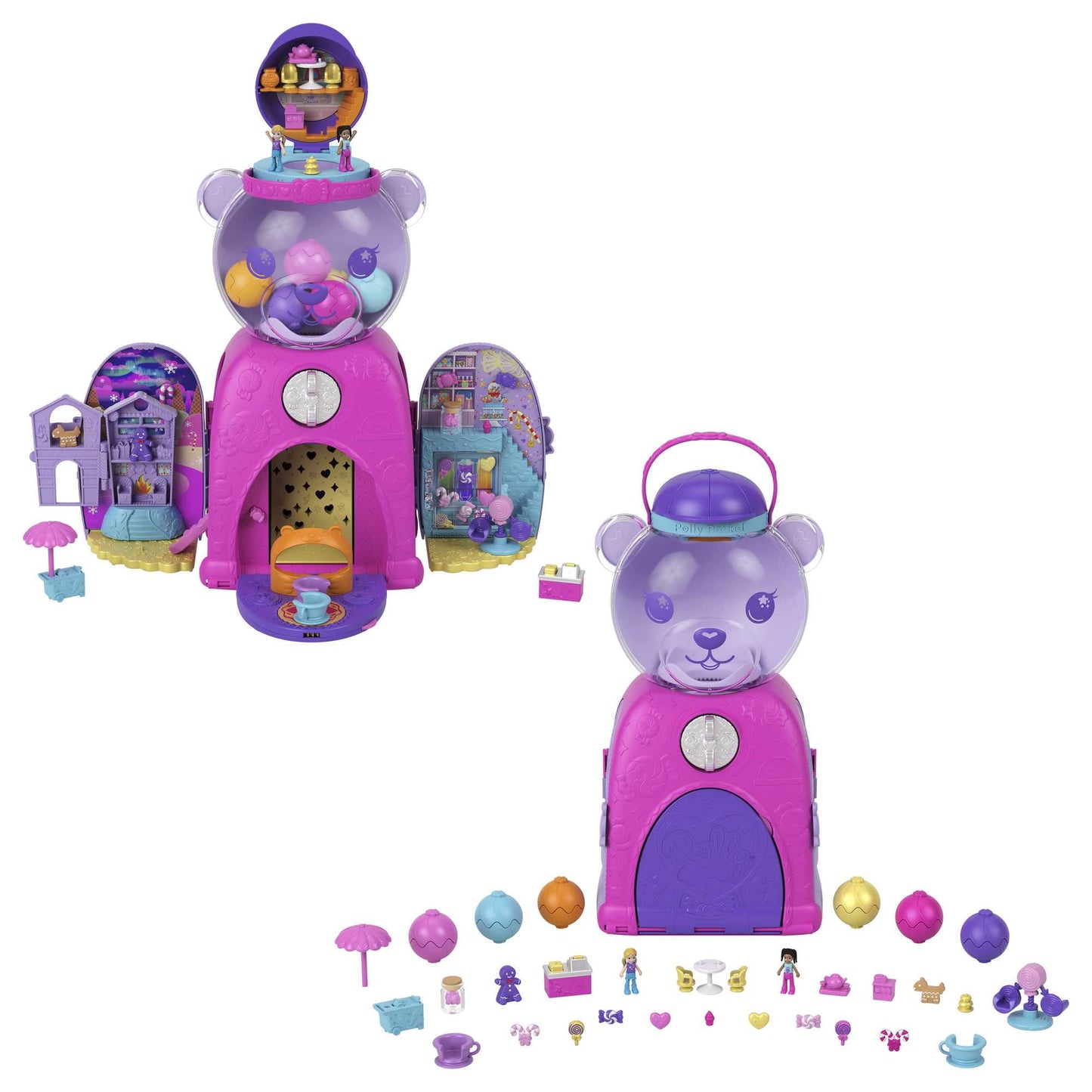 Polly Pocket Gumball Bear Playset, Travel Toy with 2 Micro Dolls and 26 Surprise Accessories