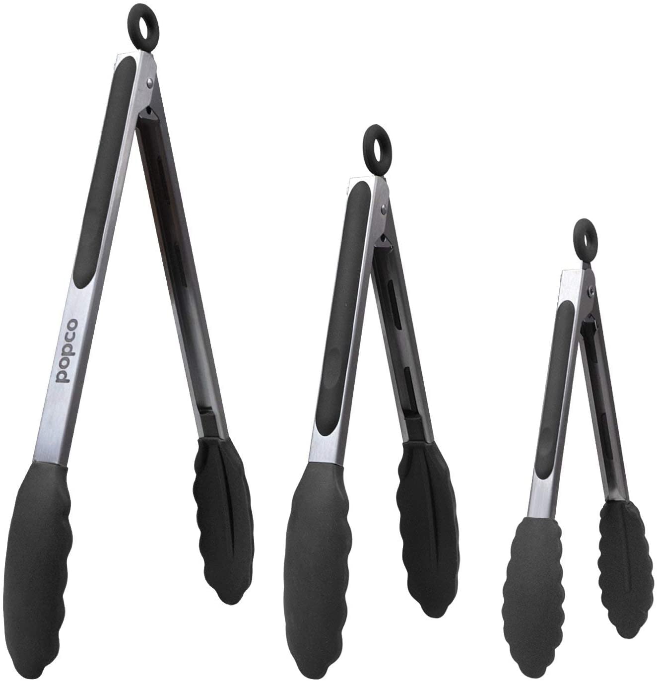 PopCo Heavy Duty Kitchen Tongs | Set of 3 Tongs (7,9,12 inches) | Stainless Steel Tongs with Silicone Tips | Color: Black