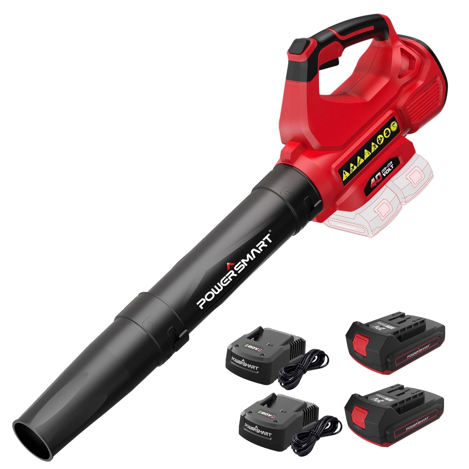 PowerSmart 40V (2 X 20V) 450CFM 130MPH Cordless Leaf Blower, 2x2.0Ah Batteries and Chargers Included