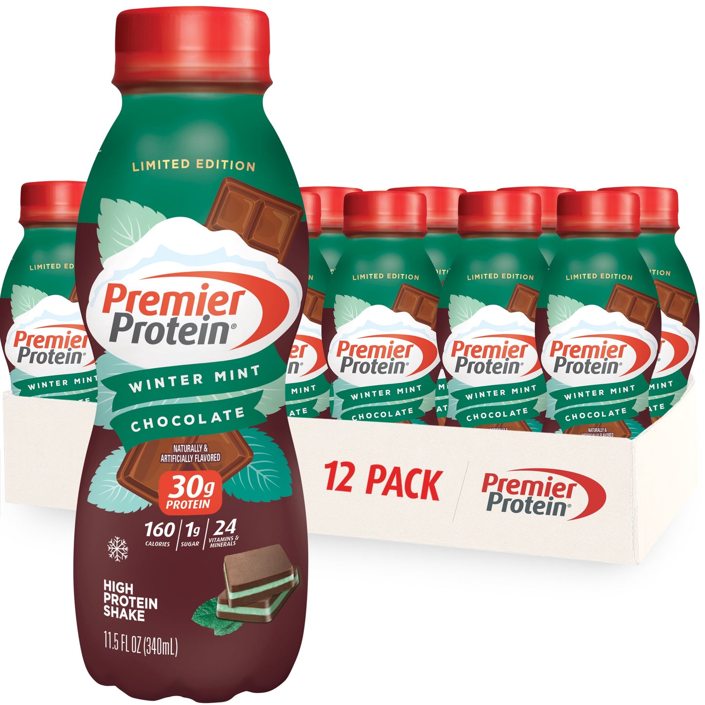 Premier Protein Shake, Winter Mint Chocolate, 30g Protein, Bottles, 12 Ct