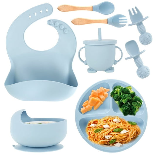 Qenwkxz 8pcs Silicone Baby Feeding Set Soft Baby Weaning Supplies Cute Self Feeding Eating Utensils Set with Divided Suction Plate Bib Bowl Fork Spoon Sippy Cup Dishwasher Safe for Baby