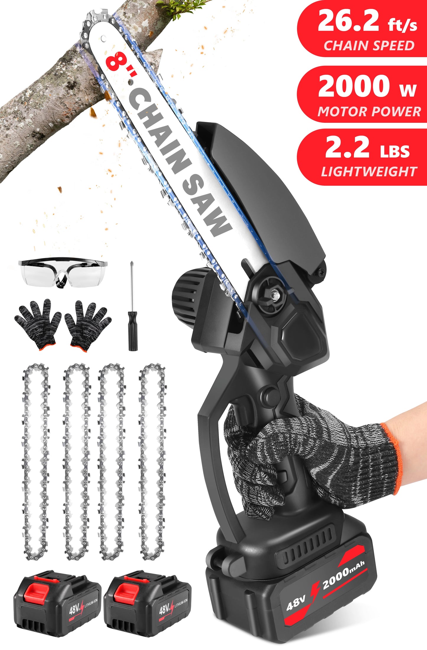 RELOIVE 8" Mini Chainsaw Cordless  with 4 Chains and 2 Pcs 2.0Ah Battery,Small Handheld Chain Saw Kit for Tree Branches Wood Cutting, Courtyard, Garden