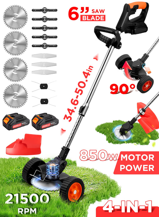 RELOIVE Electric Weed Wacker, Cordless Weed Eater Battery Powered 21V 2000mAh 4-in-1 Lawn Mower with Wheels Trimmer Edger Lawn Tool for Garden Yard