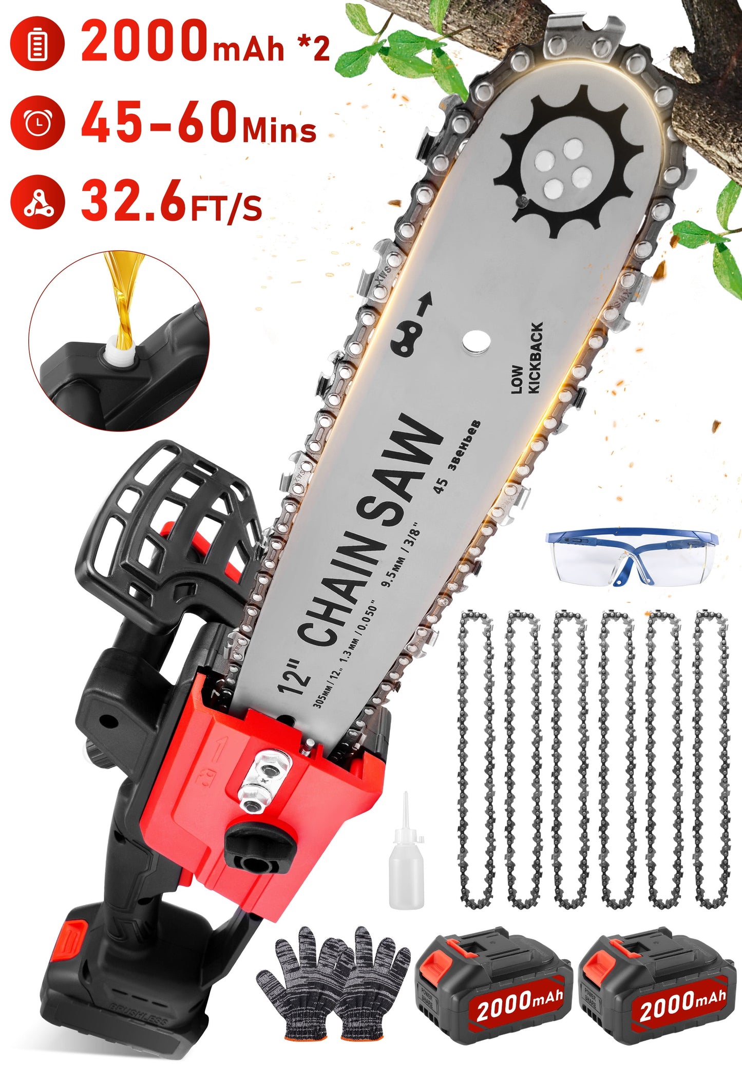 RELOIVE 12'' Chainsaw, Cordless Chain Saw with 2x 2000mAh Batteries and Charger 12-inch Electric Chainsaw for Wood Cutting Tree Trimming