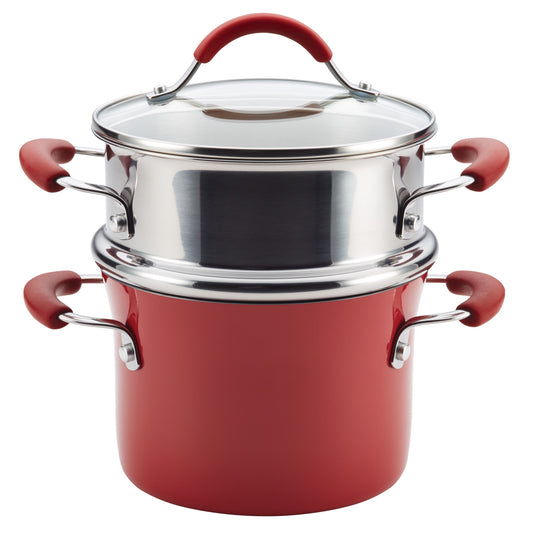 Rachael Ray Classic Brights Hard Enamel Nonstick Saucepot and Steamer Insert Set, 3 Quart, Cranberry Red