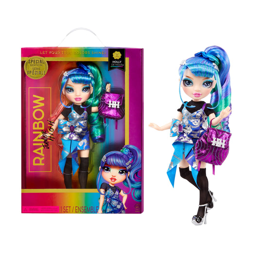 Rainbow Jr High Special Edition Holly De’Vious, 9" Blue and Green Posable Fashion Doll, Accessories, Soft Backpack. Toy Gift Kids Ages 4-12