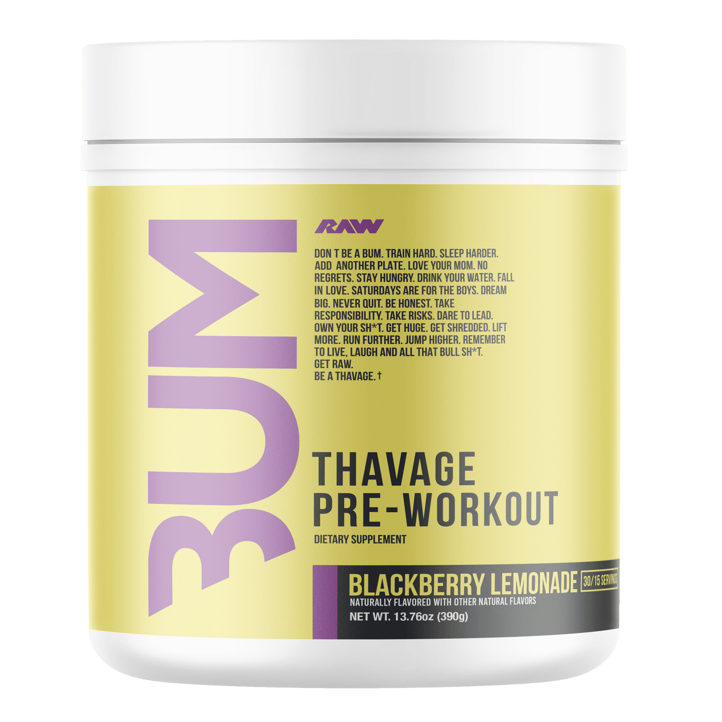 Raw Nutrition BUM Thavage Pre-Workout Powder, Focus & Energy, Blackberry Lemonade, 30 Servings