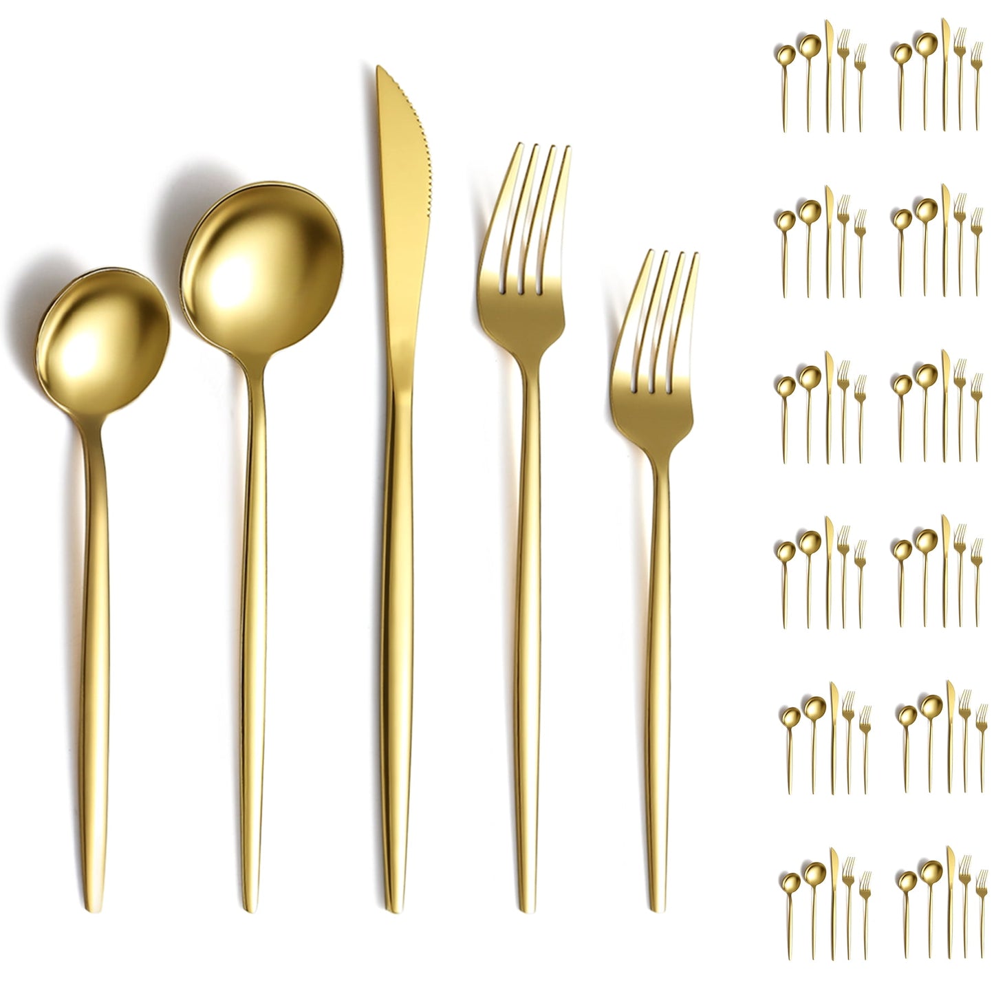 ReaNea Gold Silverware Set 60 Piece Stainless Steel Flatware Set, Knives Forks Spoons Cutlery Set Service for 12