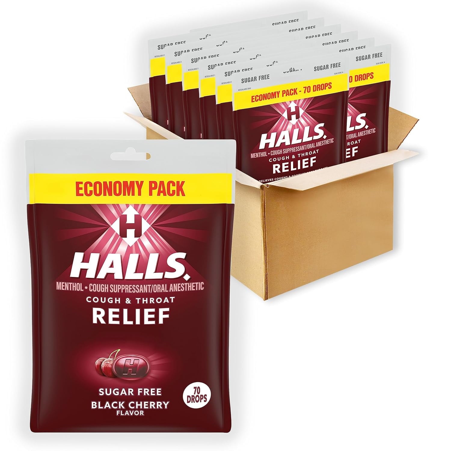 Relief Sugar Free Black Cherry Flavor Cough Drops, Economy Pack, 12 Bags (840 Total Drops)