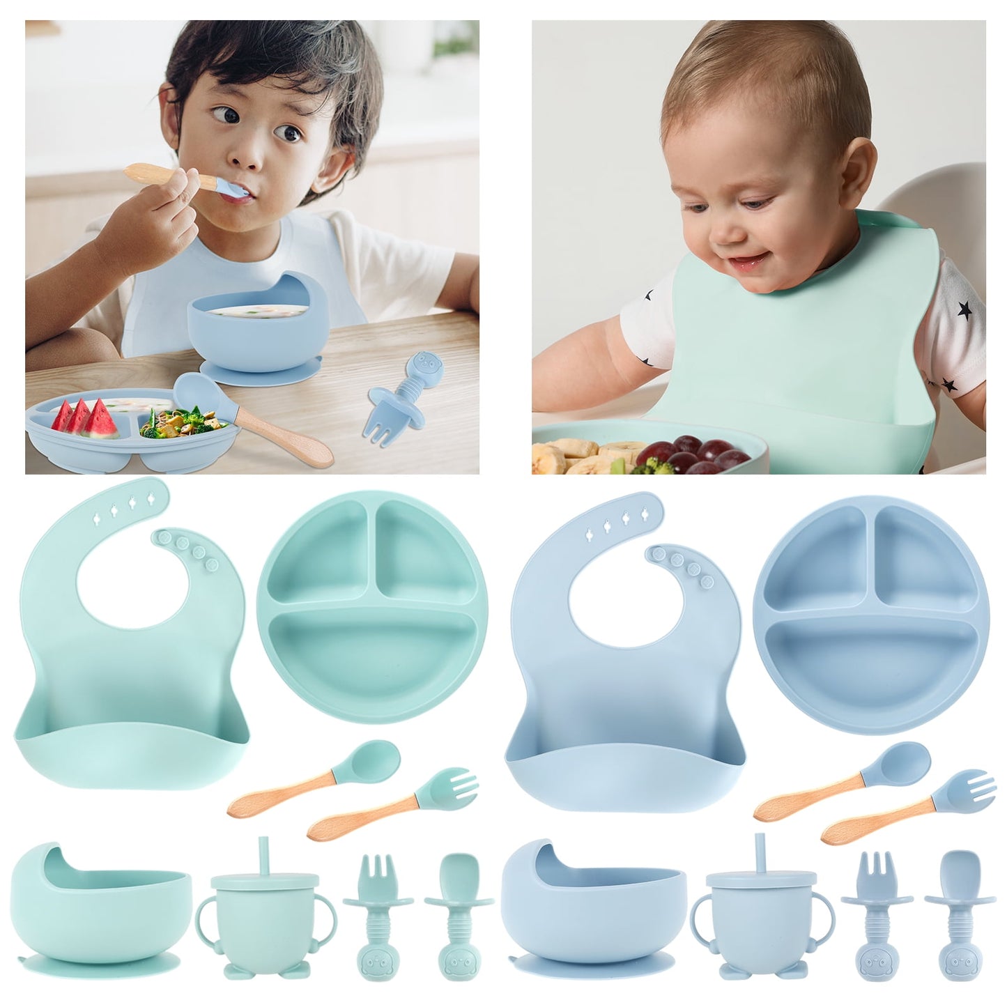 Retrok 8pcs Silicone Baby Feeding Set Soft Baby Weaning Supplies Cute Self Feeding Eating Utensils Set with Divided Suction Plate Bib Bowl Fork Spoon Sippy Cup Dishwasher Safe for Baby