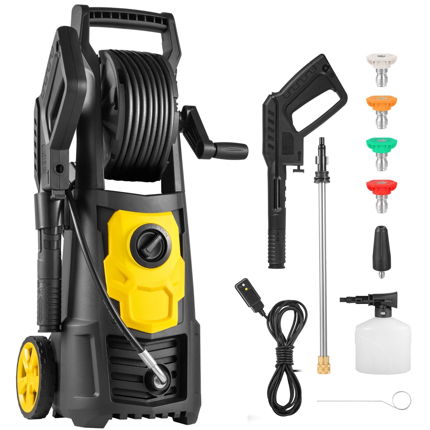 SKYSHALO Electric Pressure Washer, with a powerful 2000 PSI and a maximum flow rate of 1.76 GPM, is an efficient cleaning tool. It comes equipped with a 30-foot hose and reel, 5 quick-connect nozz